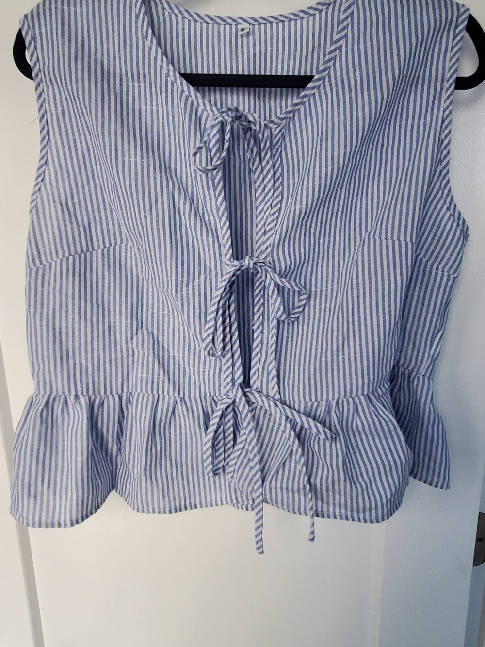Sleeveless Blue & White Striped Tie-Front Peplum Blouse